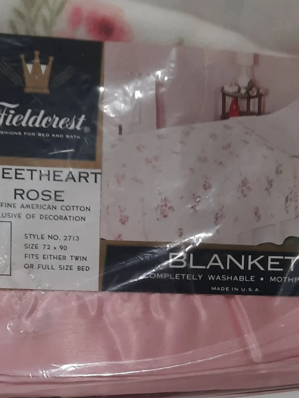 VTG Fieldcrest Sweetheart Rose Blanket Pink Trim, Twin 72x90 USA NIP Grannycore